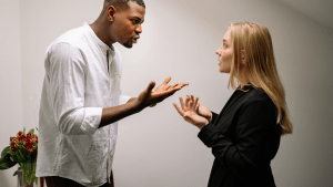 A husband and wife debating what is right