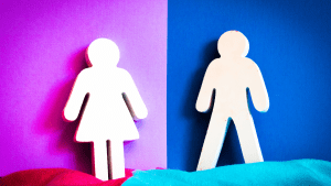 Blue male and pink female cardboard cutouts standing side by side, symbolizing gender stereotypes in marriage